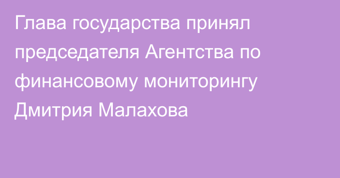 Глава государства принял председателя Агентства по финансовому мониторингу Дмитрия Малахова