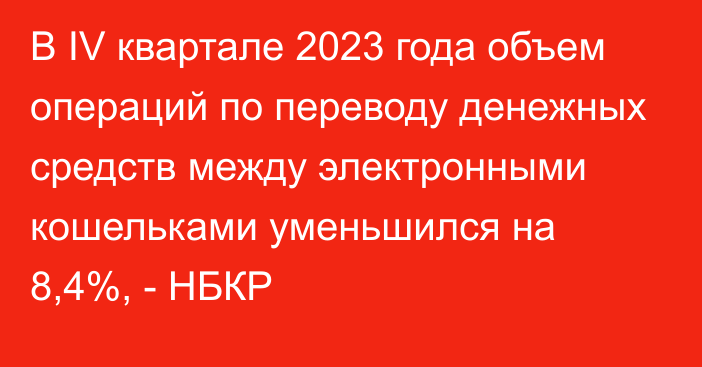 В  IV квартале 2023 года объем операций по переводу денежных средств между электронными кошельками уменьшился на 8,4%, - НБКР