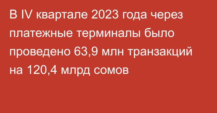 В IV квартале 2023 года через платежные терминалы было проведено 63,9 млн транзакций на  120,4 млрд сомов