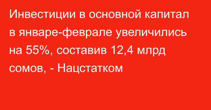 Инвестиции в основной капитал в январе-феврале увеличились на 55%, составив 12,4 млрд сомов, - Нацстатком