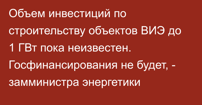 Объем инвестиций по строительству объектов ВИЭ до 1 ГВт пока неизвестен. Госфинансирования не будет, - замминистра энергетики