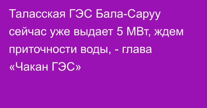 Таласская ГЭС Бала-Саруу сейчас уже выдает 5 МВт, ждем приточности воды, - глава  «Чакан ГЭС»