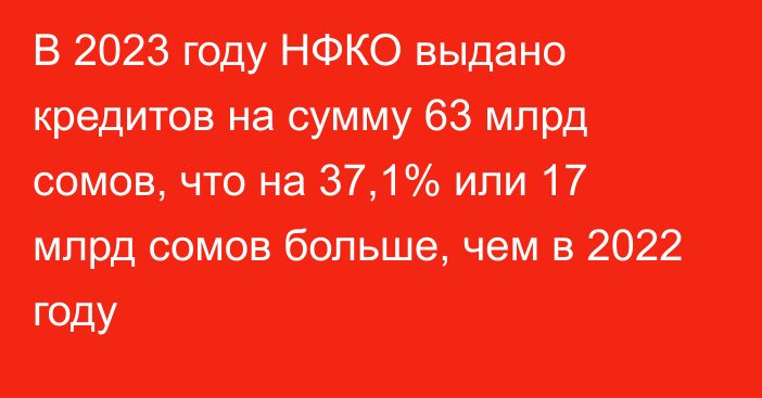 В 2023 году НФКО выдано кредитов на сумму 63 млрд сомов, что на 37,1% или 17 млрд сомов больше, чем в 2022 году