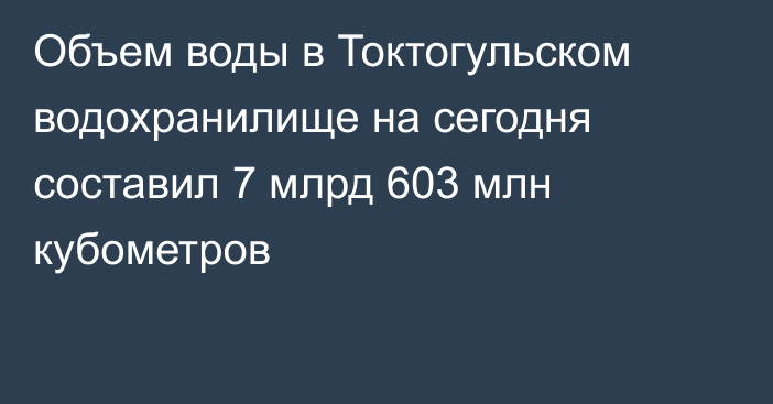 Объем воды в Токтогульском водохранилище на сегодня составил 7 млрд 603 млн кубометров