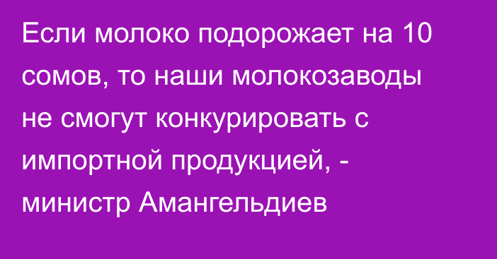 Если молоко подорожает на 10 сомов, то  наши молокозаводы не смогут конкурировать с импортной продукцией, - министр Амангельдиев