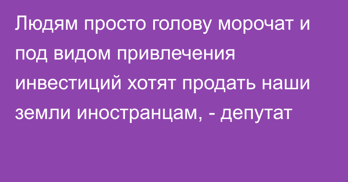 Людям просто голову морочат и под видом привлечения инвестиций хотят продать наши земли иностранцам, - депутат