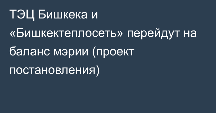 ТЭЦ Бишкека и «Бишкектеплосеть» перейдут на баланс мэрии (проект постановления)