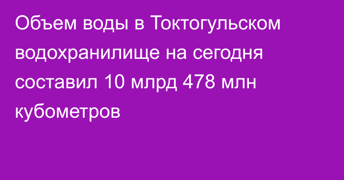 Объем воды в Токтогульском водохранилище на сегодня составил 10 млрд 478 млн кубометров