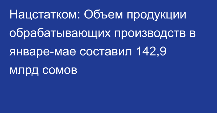 Нацстатком: Объем продукции обрабатывающих производств в январе-мае составил 142,9 млрд сомов