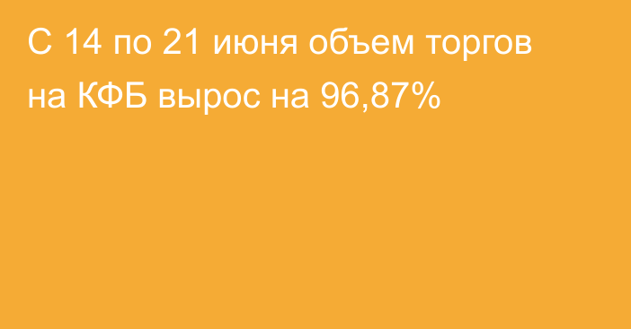 С 14 по 21 июня объем торгов на КФБ вырос на 96,87%