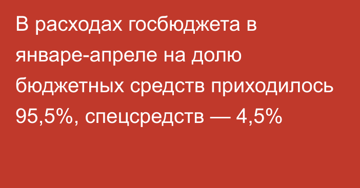 В расходах госбюджета в январе-апреле на долю бюджетных средств приходилось 95,5%, спецсредств — 4,5%