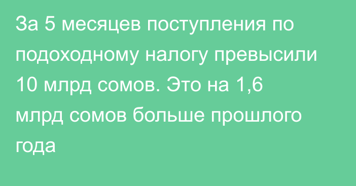 За 5 месяцев поступления по подоходному налогу превысили 10 млрд сомов. Это на 1,6 млрд сомов больше прошлого года