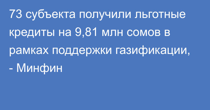 73 субъекта получили льготные кредиты на 9,81 млн сомов в рамках поддержки газификации, - Минфин