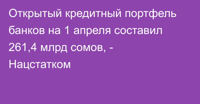 Открытый кредитный портфель банков на 1 апреля составил 261,4 млрд сомов, - Нацстатком