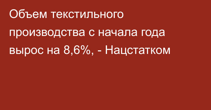 Объем текстильного производства с начала года вырос на 8,6%, - Нацстатком