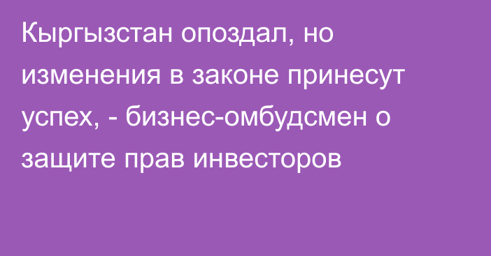 Кыргызстан опоздал, но изменения в законе принесут успех, - бизнес-омбудсмен о защите прав инвесторов