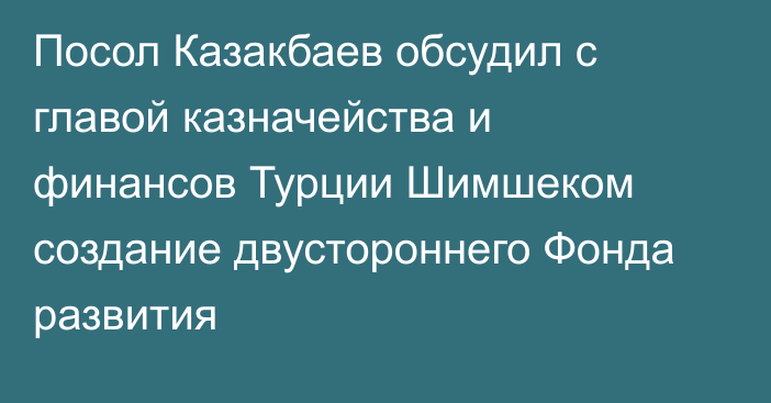 Посол Казакбаев обсудил с  главой казначейства и финансов Турции Шимшеком создание двустороннего Фонда развития