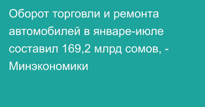 Оборот торговли и ремонта автомобилей в январе-июле составил 169,2 млрд сомов, - Минэкономики