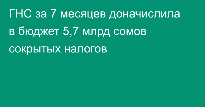 ГНС за 7 месяцев доначислила в бюджет 5,7 млрд сомов сокрытых налогов