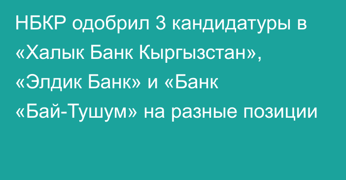 НБКР одобрил 3 кандидатуры в «Халык Банк Кыргызстан», «Элдик Банк» и «Банк «Бай-Тушум» на разные позиции