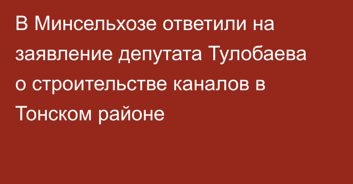 В Минсельхозе ответили на заявление депутата Тулобаева о строительстве каналов в Тонском районе