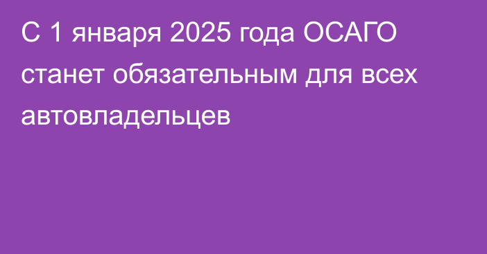 С 1 января 2025 года ОСАГО станет обязательным для всех автовладельцев