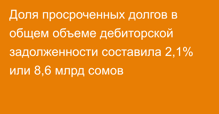 Доля просроченных долгов в общем объеме дебиторской задолженности составила 2,1% или 8,6 млрд сомов