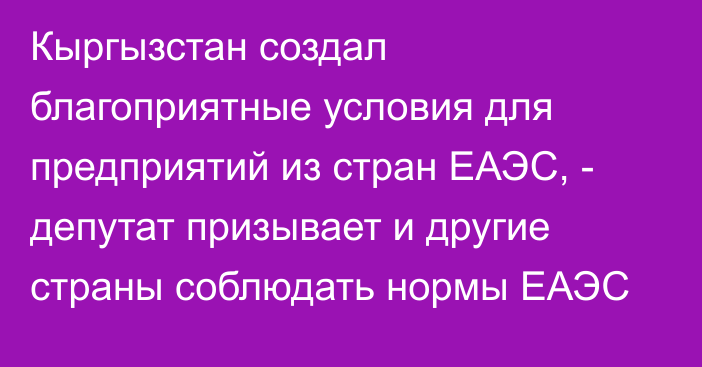 Кыргызстан создал благоприятные условия для предприятий из стран ЕАЭС,  - депутат призывает и другие страны соблюдать нормы ЕАЭС