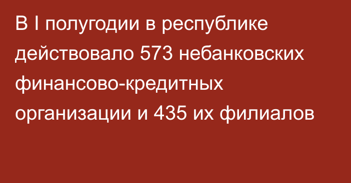 В I полугодии в республике действовало 573 небанковских финансово-кредитных организации и 435 их филиалов