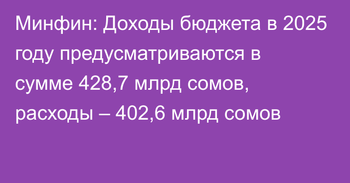 Минфин: Доходы бюджета в 2025 году предусматриваются в сумме 428,7 млрд сомов, расходы – 402,6 млрд сомов