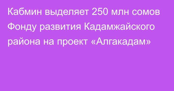 Кабмин выделяет 250 млн сомов Фонду развития Кадамжайского района на проект «Алгакадам»