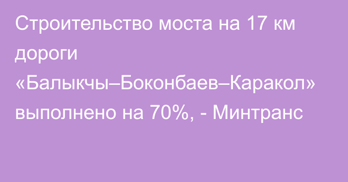 Строительство моста на 17 км дороги «Балыкчы–Боконбаев–Каракол» выполнено на 70%, - Минтранс