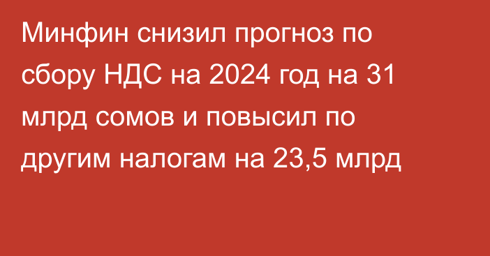 Минфин снизил прогноз по сбору НДС на 2024 год на 31 млрд сомов и повысил по другим налогам на 23,5 млрд