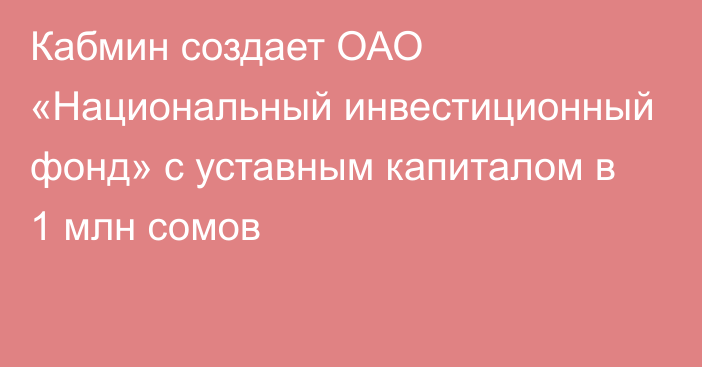 Кабмин создает ОАО «Национальный инвестиционный фонд» с уставным капиталом в 1 млн сомов