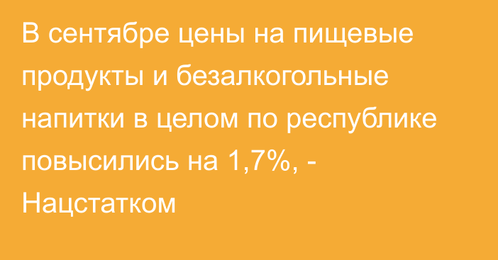 В сентябре цены на пищевые продукты и безалкогольные напитки в целом по республике повысились на 1,7%, - Нацстатком