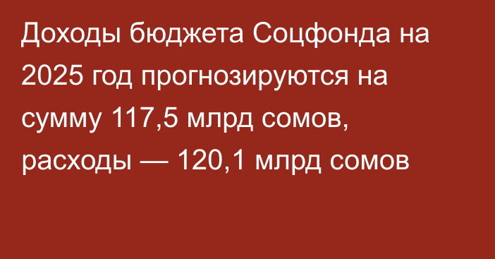 Доходы бюджета Соцфонда на 2025 год прогнозируются на сумму 117,5 млрд сомов, расходы — 120,1 млрд сомов