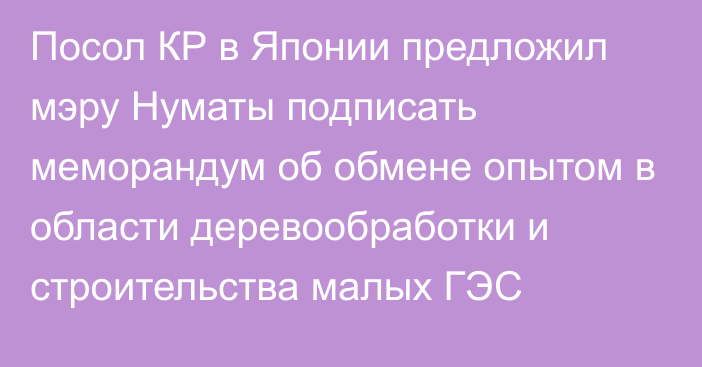 Посол КР в Японии предложил мэру Нуматы подписать меморандум об обмене опытом в области деревообработки и строительства малых ГЭС