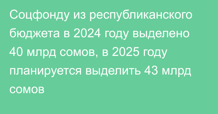 Соцфонду из республиканского бюджета в 2024 году выделено 40 млрд сомов, в 2025 году планируется выделить 43 млрд сомов