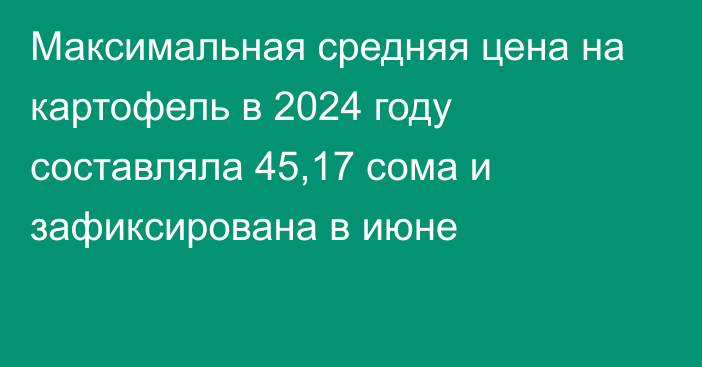 Максимальная средняя цена на картофель в 2024 году составляла 45,17 сома и зафиксирована в июне