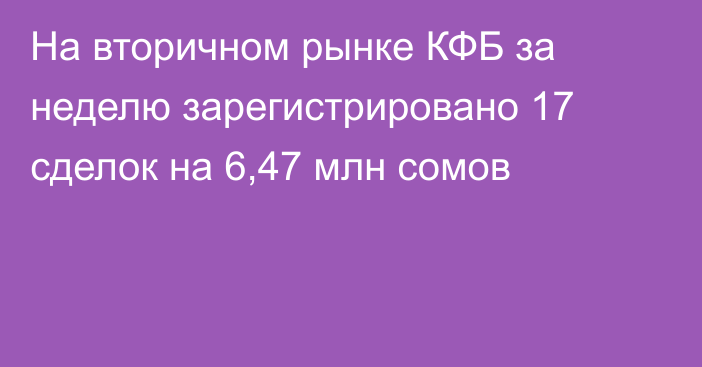 На вторичном рынке КФБ за неделю зарегистрировано 17 сделок на 6,47 млн сомов