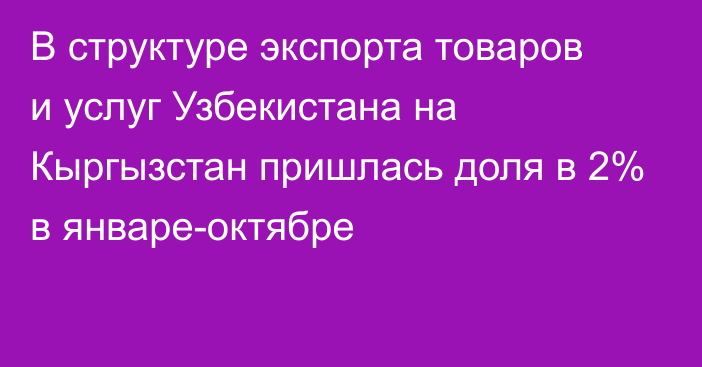 В структуре экспорта товаров и услуг Узбекистана на Кыргызстан пришлась доля в 2% в январе-октябре