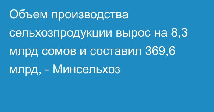 Объем производства сельхозпродукции вырос на 8,3 млрд сомов и составил 369,6 млрд, - Минсельхоз