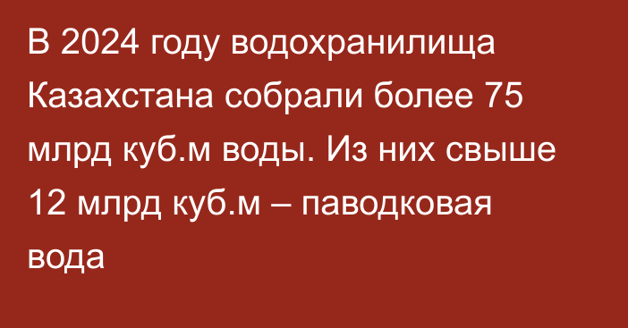 В 2024 году водохранилища Казахстана собрали более 75 млрд куб.м воды. Из них свыше 12 млрд куб.м – паводковая вода