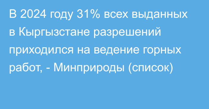 В 2024 году 31% всех выданных в Кыргызстане разрешений приходился на ведение горных работ, - Минприроды (список)