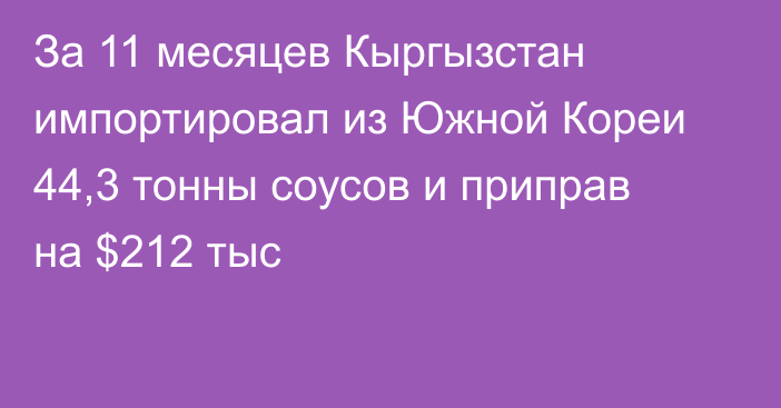 За 11 месяцев Кыргызстан импортировал из Южной Кореи 44,3 тонны соусов и приправ на  $212 тыс