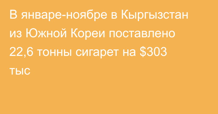 В январе-ноябре в Кыргызстан из Южной Кореи поставлено 22,6 тонны сигарет на $303 тыс