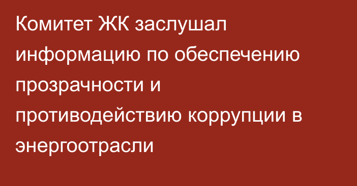 Комитет ЖК заслушал информацию по обеспечению прозрачности и противодействию коррупции в энергоотрасли