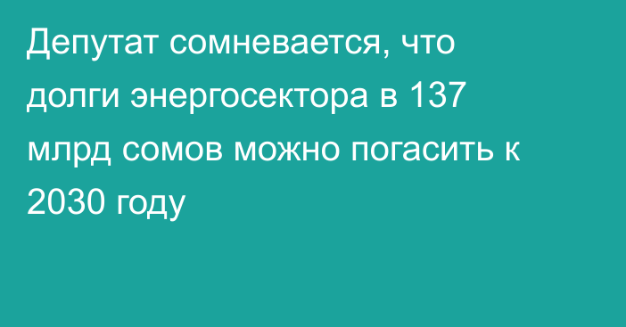 Депутат сомневается, что долги энергосектора в 137 млрд сомов можно погасить к 2030 году