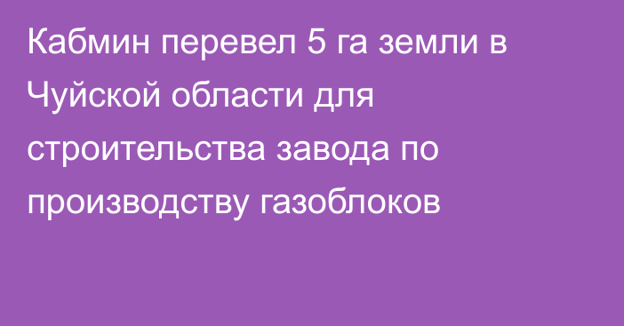 Кабмин перевел 5 га земли в Чуйской области для строительства завода по производству газоблоков