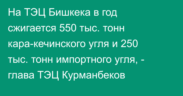 На ТЭЦ Бишкека в год сжигается 550 тыс. тонн кара-кечинского угля и 250 тыс. тонн импортного угля, - глава ТЭЦ Курманбеков